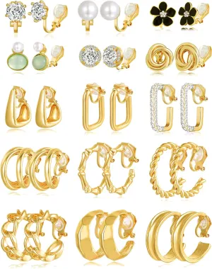 15 Pairs Clip on Earrings for Women Chunky Hoop Clip Earring Round CZ Twist Simulated Pearl Flower Knot No Piercing Fake Stud Earrings Sets Jewelry Gifts Gold Silver Tone
