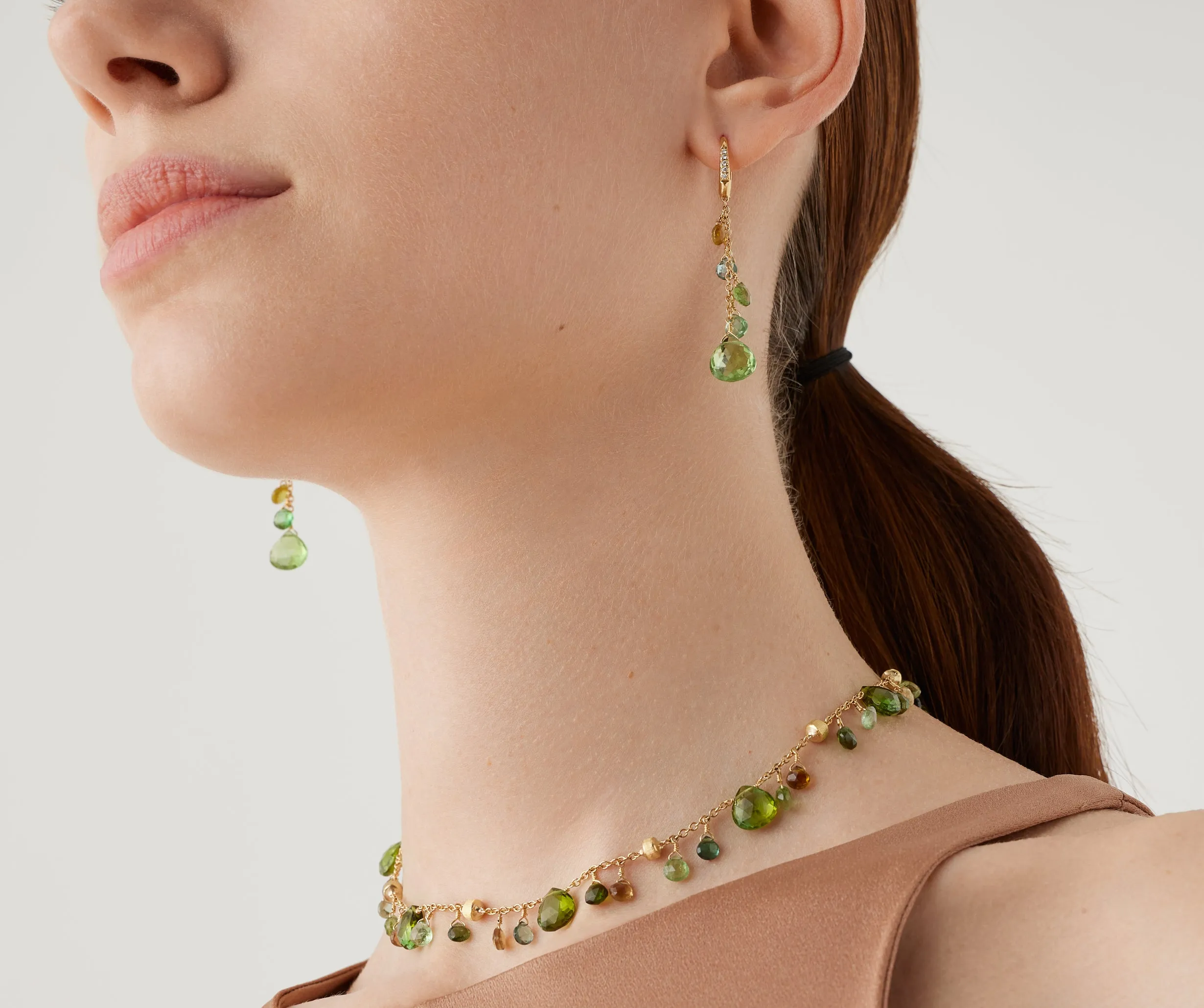 18K Yellow Gold Single-Strand Green Tourmaline Earrings and Diamond Accent