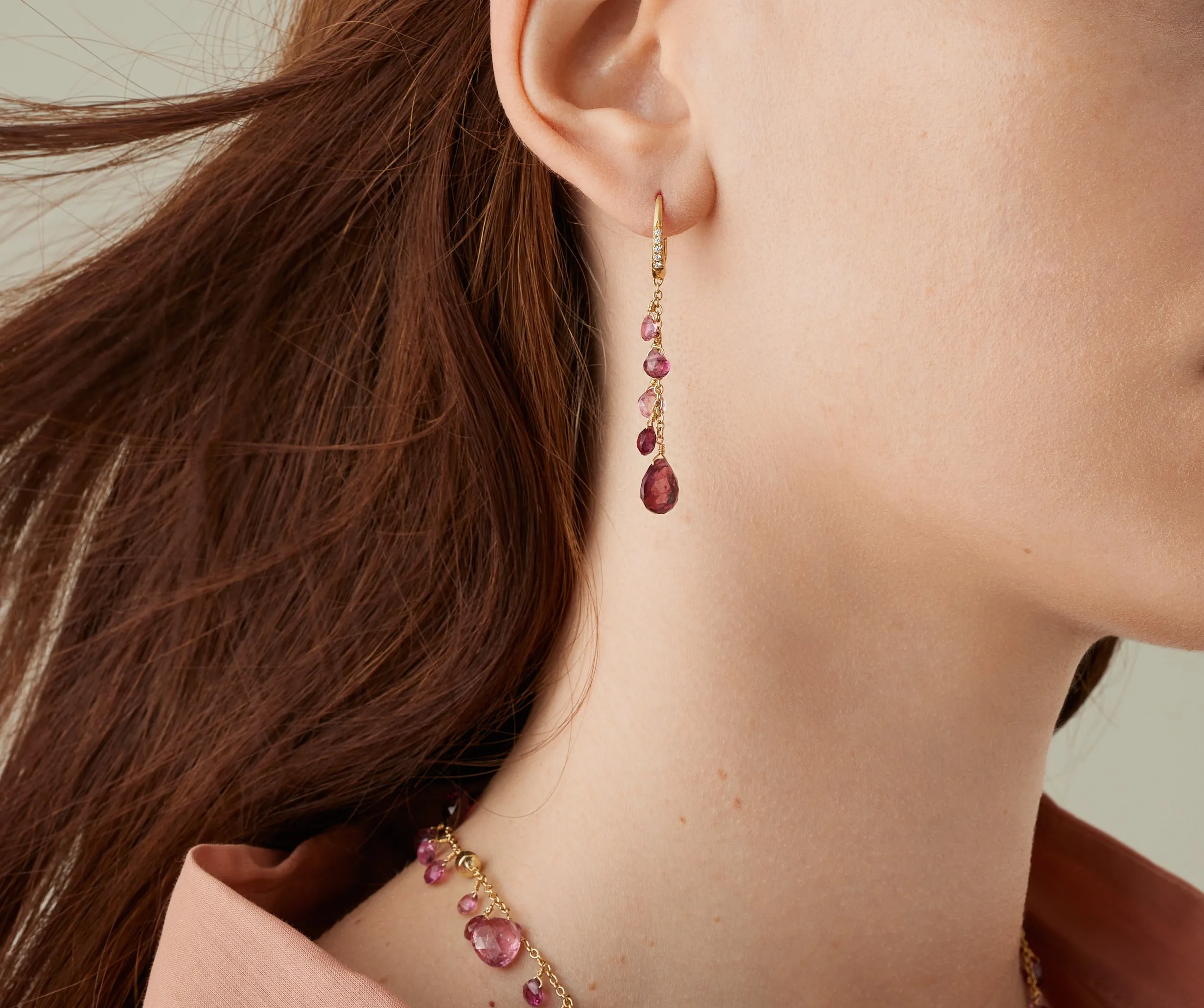 18K Yellow Gold Single-Strand Pink Tourmaline Earrings and Diamond Accent