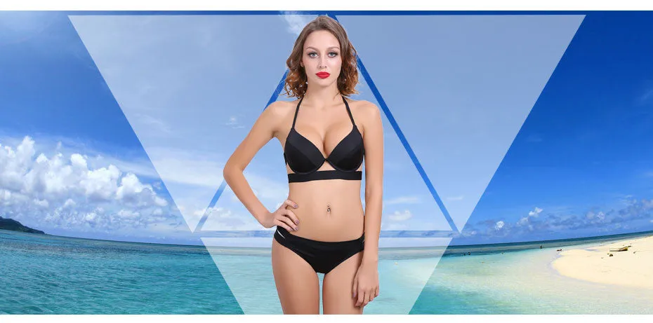 2 Piece Halter Neck Low Waist Split Band Bikini Swimsuit Swimwear