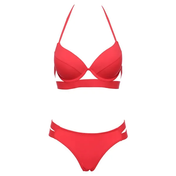 2 Piece Halter Neck Low Waist Split Band Bikini Swimsuit Swimwear