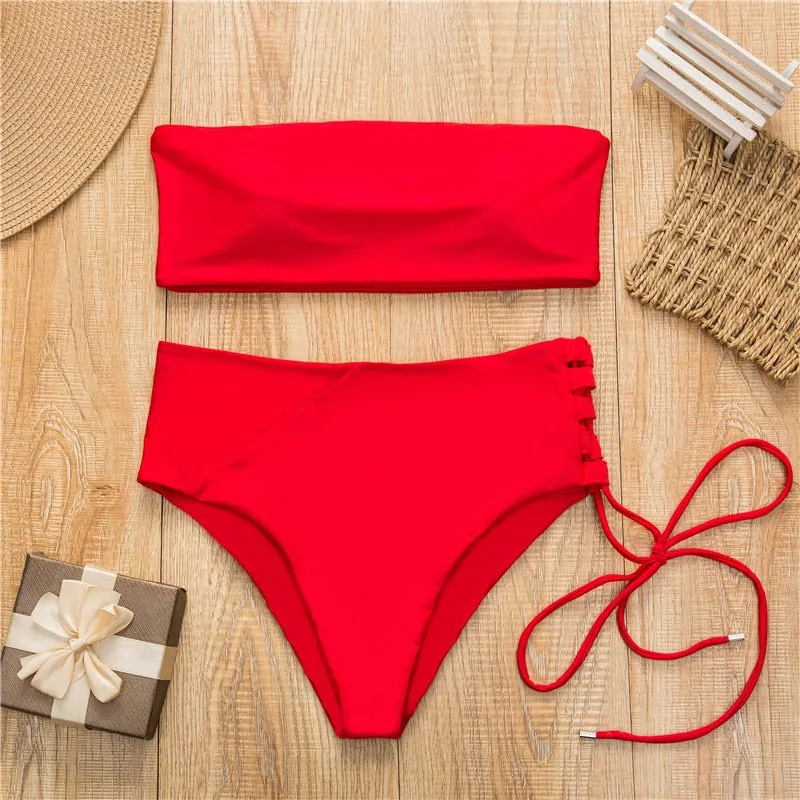 2 Piece High Waist Bandage Swimsuit Push Up Bikini Set Off Shoulder Bathing Suits Summer Beach Wear Swimwear