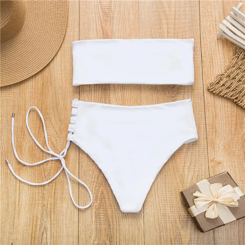 2 Piece High Waist Bandage Swimsuit Push Up Bikini Set Off Shoulder Bathing Suits Summer Beach Wear Swimwear