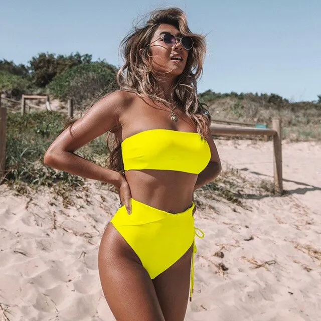 2 Piece High Waist Bandage Swimsuit Push Up Bikini Set Off Shoulder Bathing Suits Summer Beach Wear Swimwear