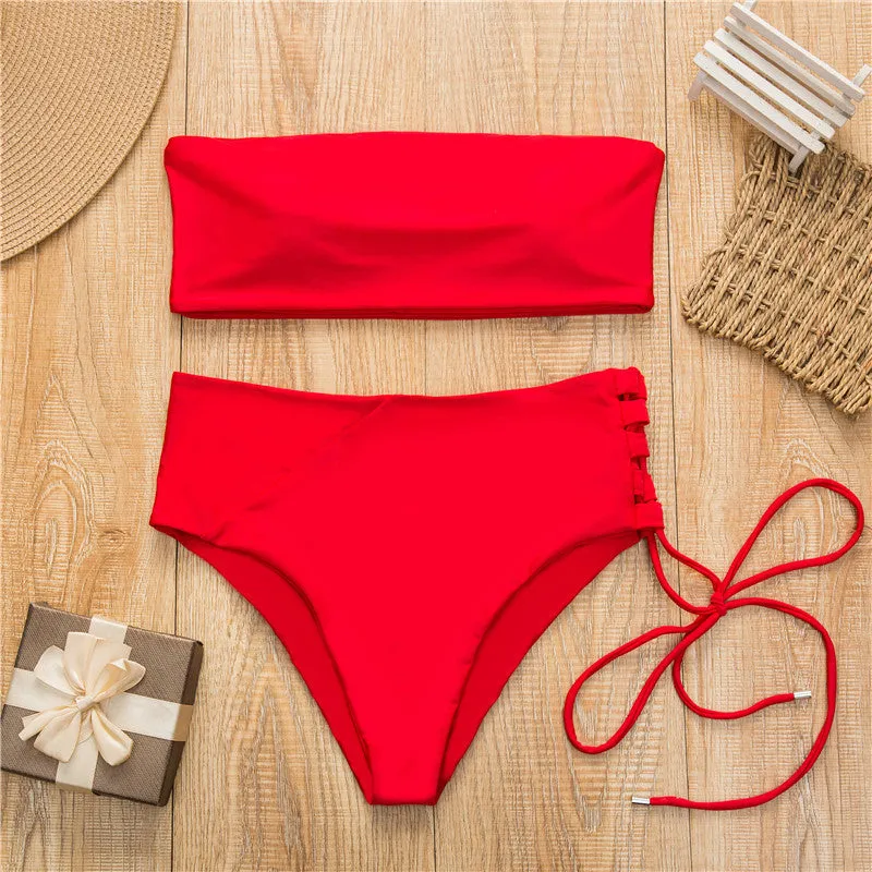 2 Piece High Waist Bandage Swimsuit Push Up Bikini Set Off Shoulder Bathing Suits Summer Beach Wear Swimwear