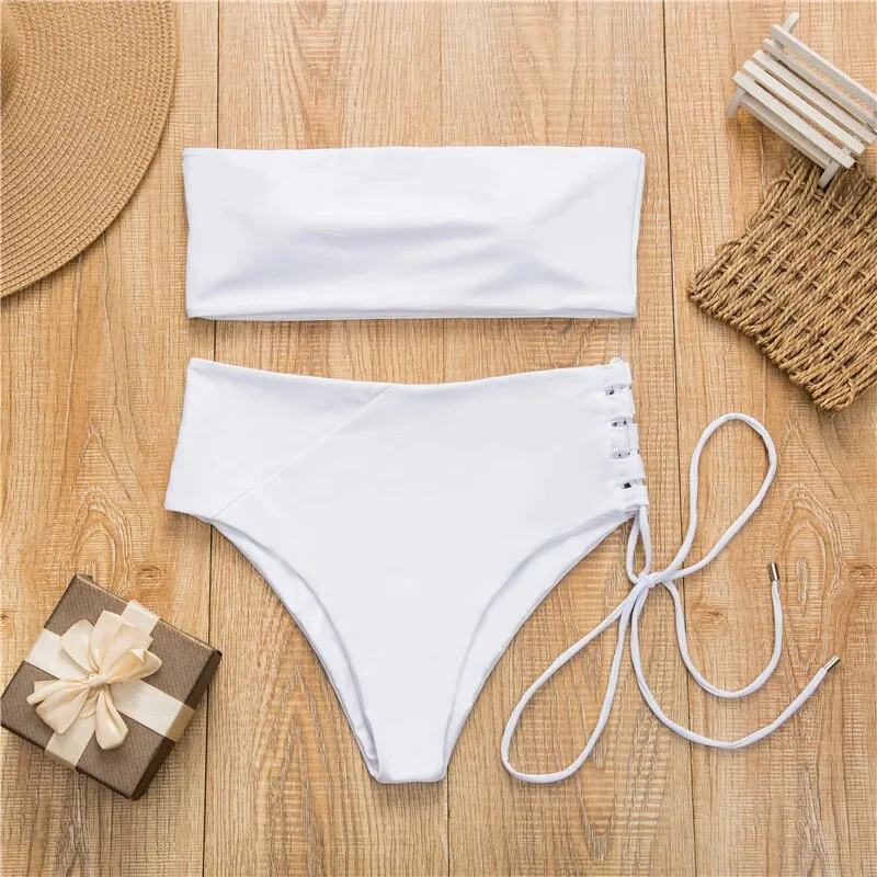 2 Piece High Waist Bandage Swimsuit Push Up Bikini Set Off Shoulder Bathing Suits Summer Beach Wear Swimwear