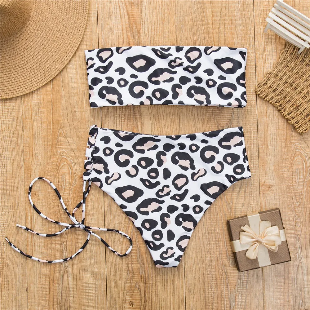 2 Piece High Waist Bandage Swimsuit Push Up Bikini Set Off Shoulder Bathing Suits Summer Beach Wear Swimwear