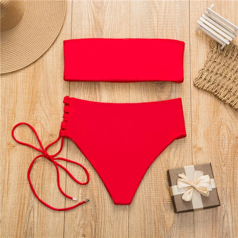 2 Piece High Waist Bandage Swimsuit Push Up Bikini Set Off Shoulder Bathing Suits Summer Beach Wear Swimwear