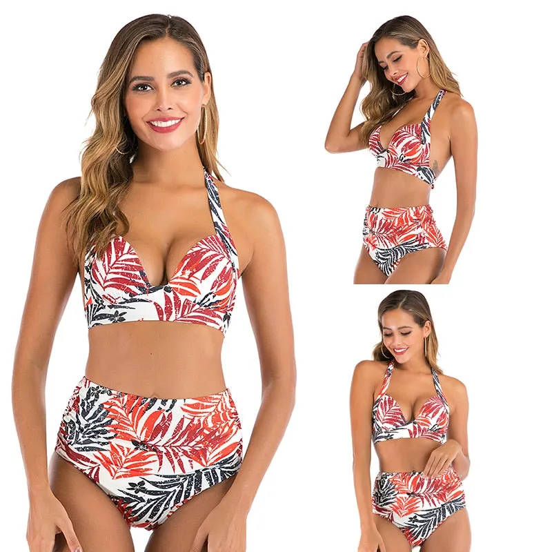 2 Piece High waist bikini set Halter bathing suit swimsuit Plus size bikini Floral print swimwear