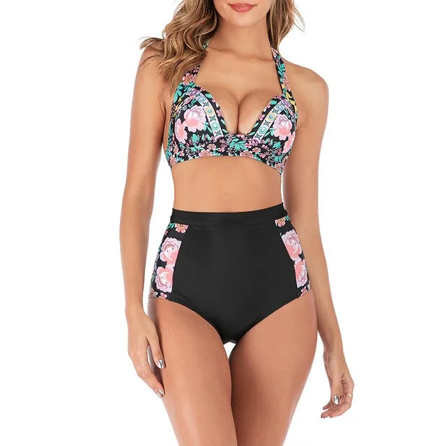 2 Piece High waist bikini set Halter bathing suit swimsuit Plus size bikini Floral print swimwear