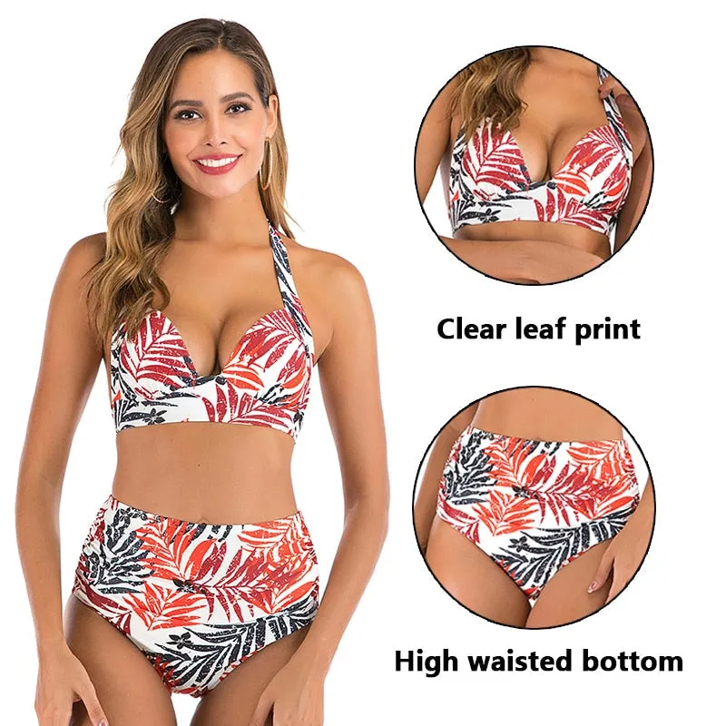 2 Piece High waist bikini set Halter bathing suit swimsuit Plus size bikini Floral print swimwear