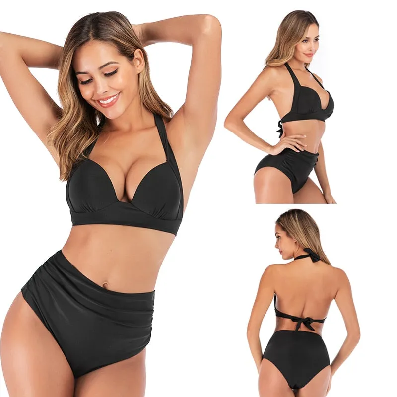 2 Piece High waist bikini set Halter bathing suit swimsuit Plus size bikini Floral print swimwear