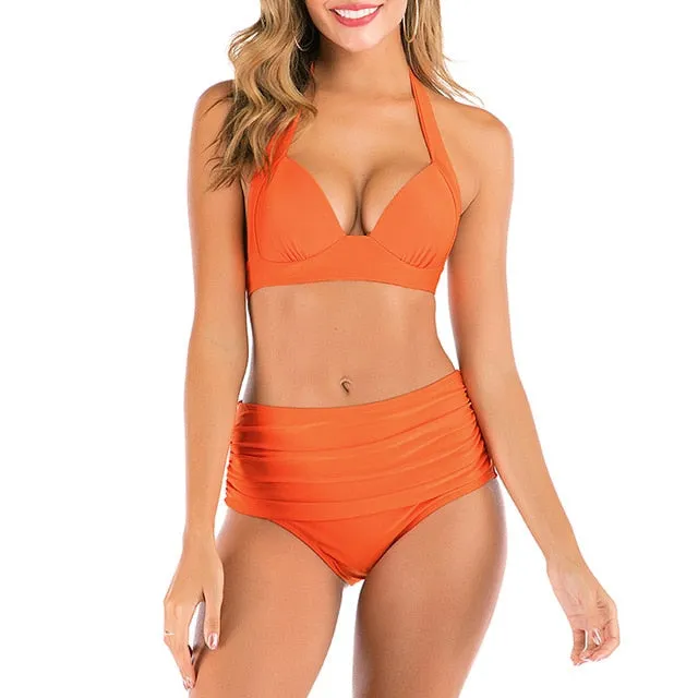 2 Piece High waist bikini set Halter bathing suit swimsuit Plus size bikini Floral print swimwear