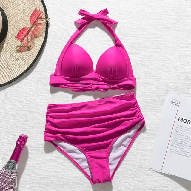 2 Piece High waist bikini set Halter bathing suit swimsuit Plus size bikini Floral print swimwear