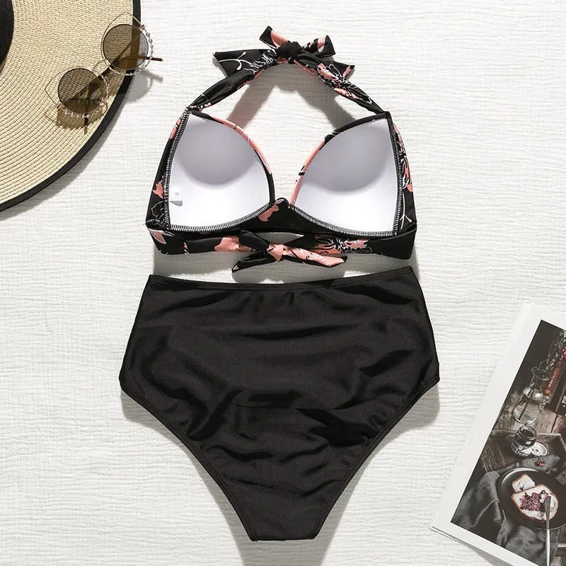 2 Piece High waist bikini set Halter bathing suit swimsuit Plus size bikini Floral print swimwear