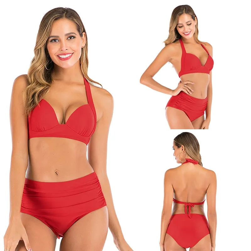 2 Piece High waist bikini set Halter bathing suit swimsuit Plus size bikini Floral print swimwear