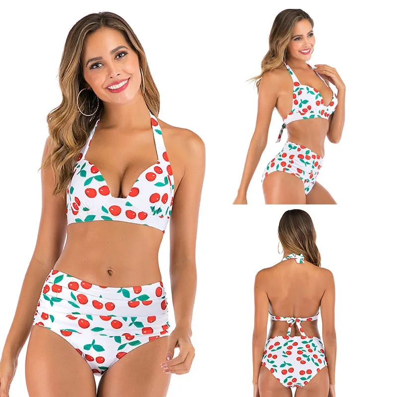 2 Piece High waist bikini set Halter bathing suit swimsuit Plus size bikini Floral print swimwear