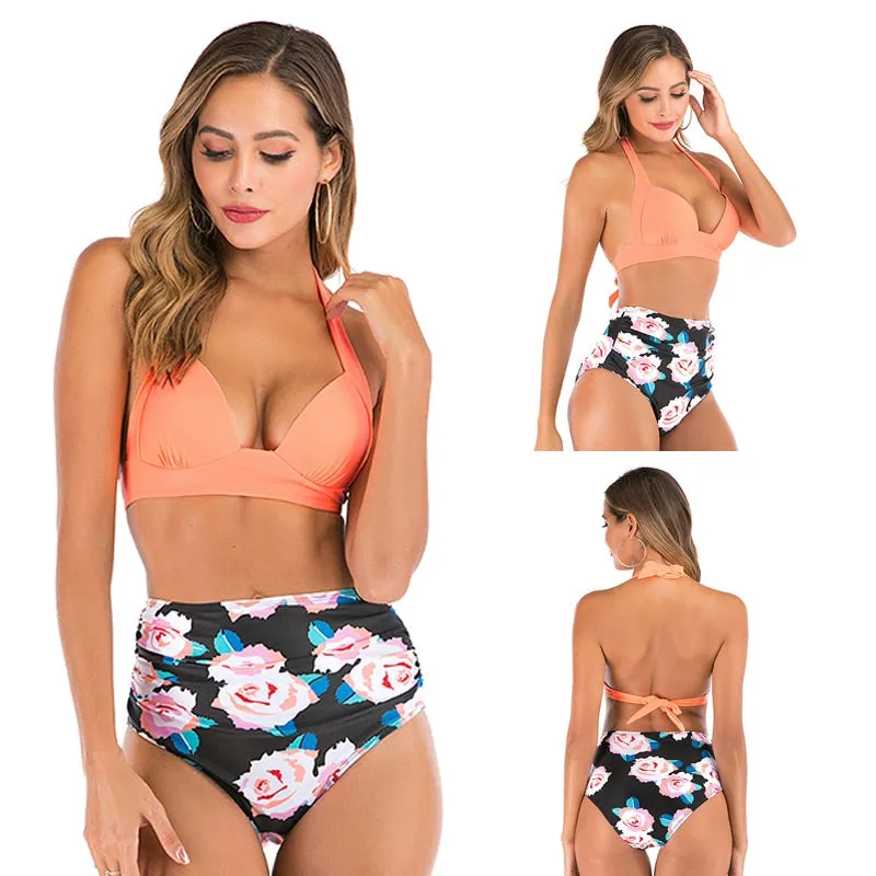 2 Piece High waist bikini set Halter bathing suit swimsuit Plus size bikini Floral print swimwear