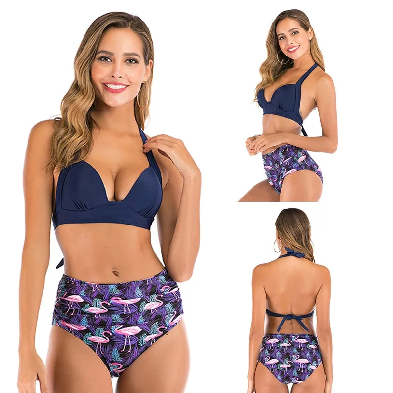 2 Piece High waist bikini set Halter bathing suit swimsuit Plus size bikini Floral print swimwear