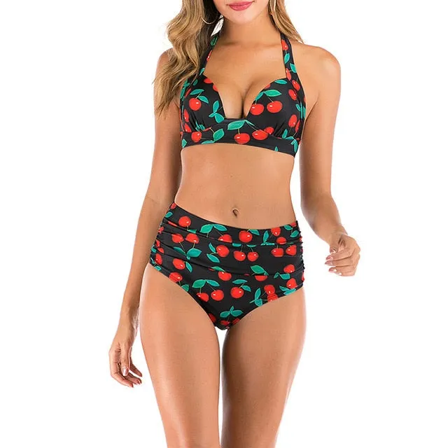 2 Piece High waist bikini set Halter bathing suit swimsuit Plus size bikini Floral print swimwear