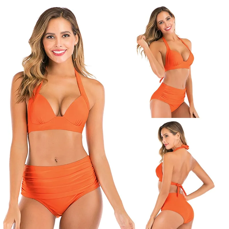 2 Piece High waist bikini set Halter bathing suit swimsuit Plus size bikini Floral print swimwear