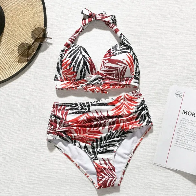 2 Piece High waist bikini set Halter bathing suit swimsuit Plus size bikini Floral print swimwear