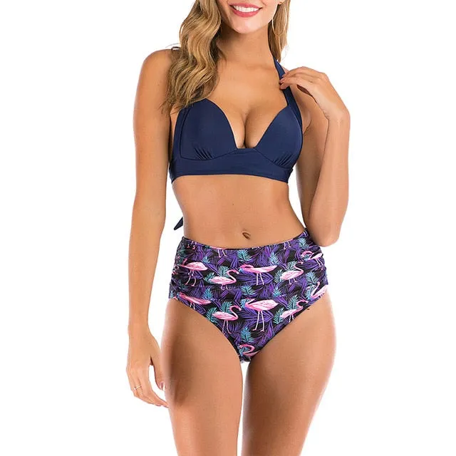 2 Piece High waist bikini set Halter bathing suit swimsuit Plus size bikini Floral print swimwear