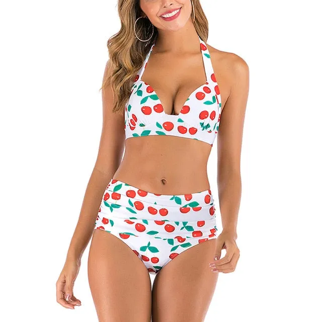 2 Piece High waist bikini set Halter bathing suit swimsuit Plus size bikini Floral print swimwear