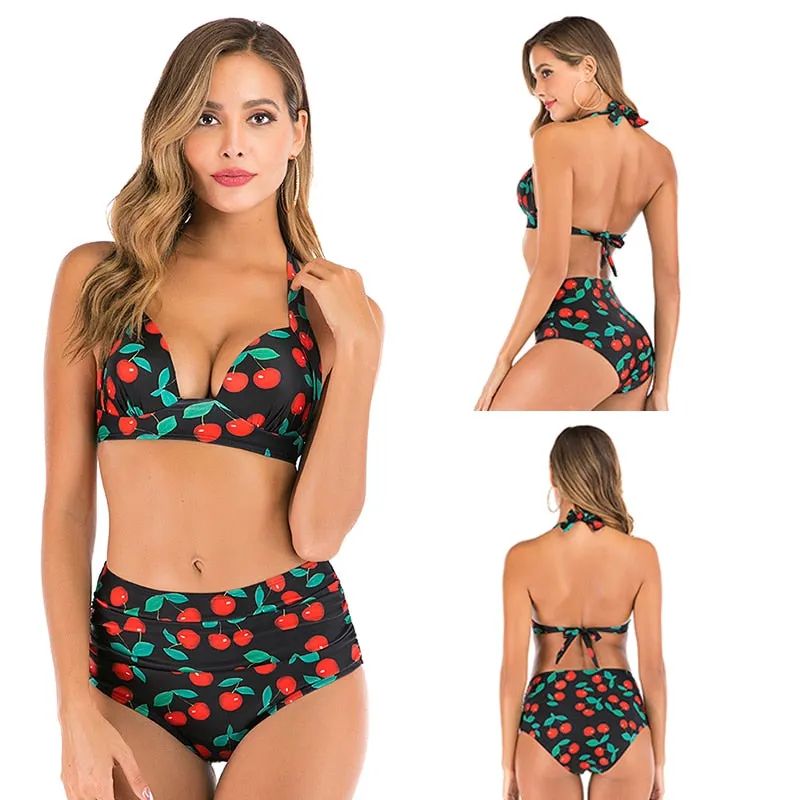 2 Piece High waist bikini set Halter bathing suit swimsuit Plus size bikini Floral print swimwear