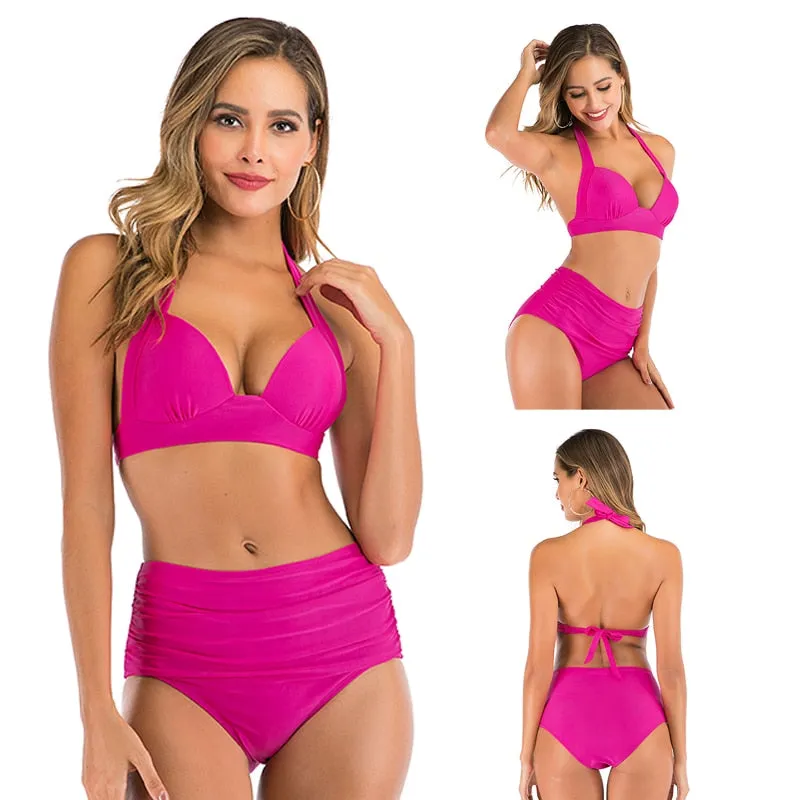 2 Piece High waist bikini set Halter bathing suit swimsuit Plus size bikini Floral print swimwear