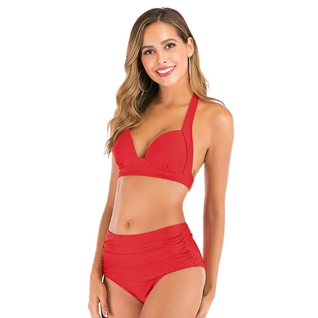 2 Piece High waist bikini set Halter bathing suit swimsuit Plus size bikini Floral print swimwear