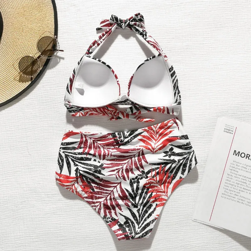 2 Piece High waist bikini set Halter bathing suit swimsuit Plus size bikini Floral print swimwear