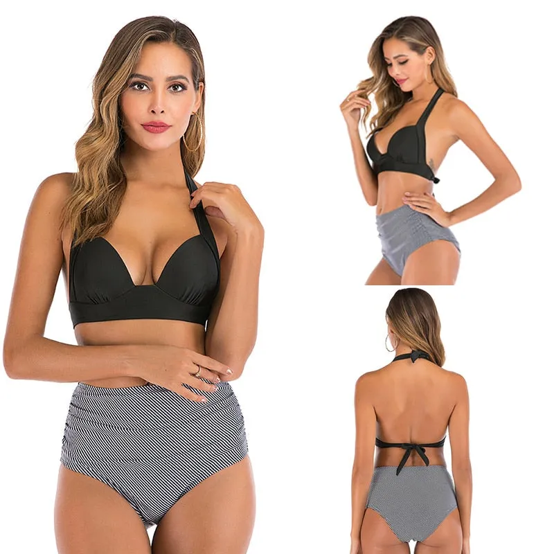 2 Piece High waist bikini set Halter bathing suit swimsuit Plus size bikini Floral print swimwear