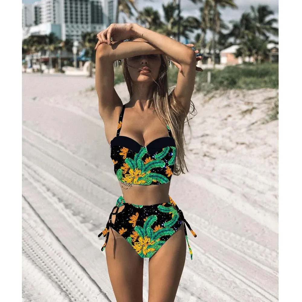 2 Piece Leaf Print Bikinis Women Swimsuit Vintage Retro Bathing Suit Halter High Waist Swimwear
