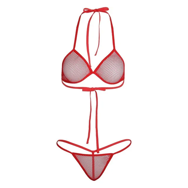 2 Piece Swimsuit Bra Top with Matching G-string Swimwear Lingerie Fishnet See-through Bikini Thongs Swimming Suit