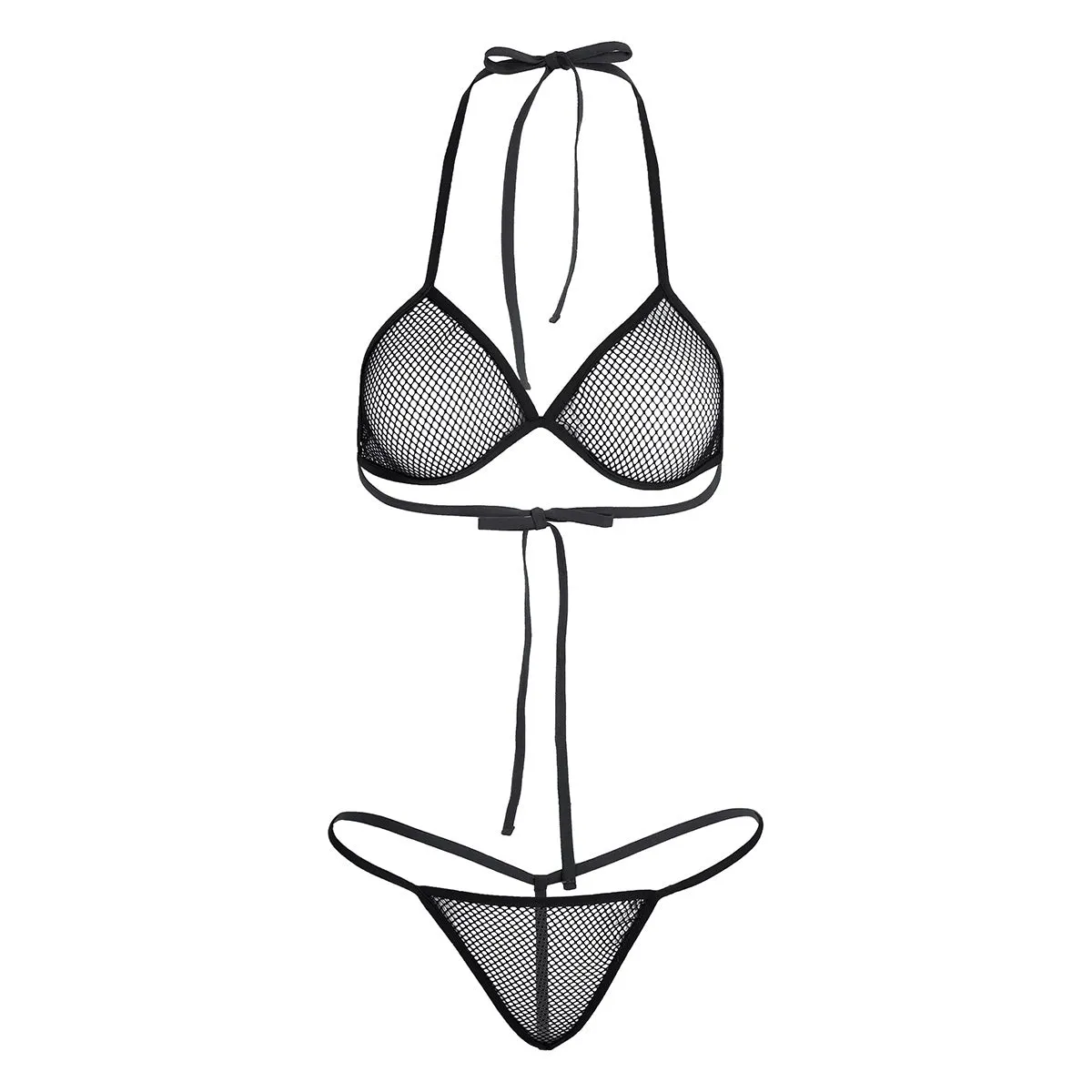 2 Piece Swimsuit Bra Top with Matching G-string Swimwear Lingerie Fishnet See-through Bikini Thongs Swimming Suit