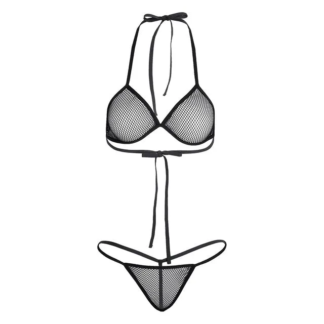 2 Piece Swimsuit Bra Top with Matching G-string Swimwear Lingerie Fishnet See-through Bikini Thongs Swimming Suit