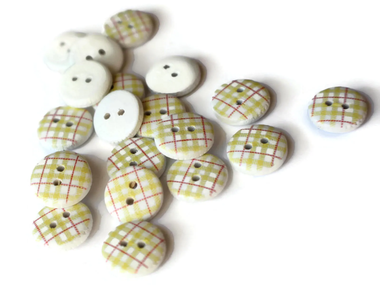 20 13mm Yellow Tartan Plaid Two Hole Round Buttons White Wooden Buttons