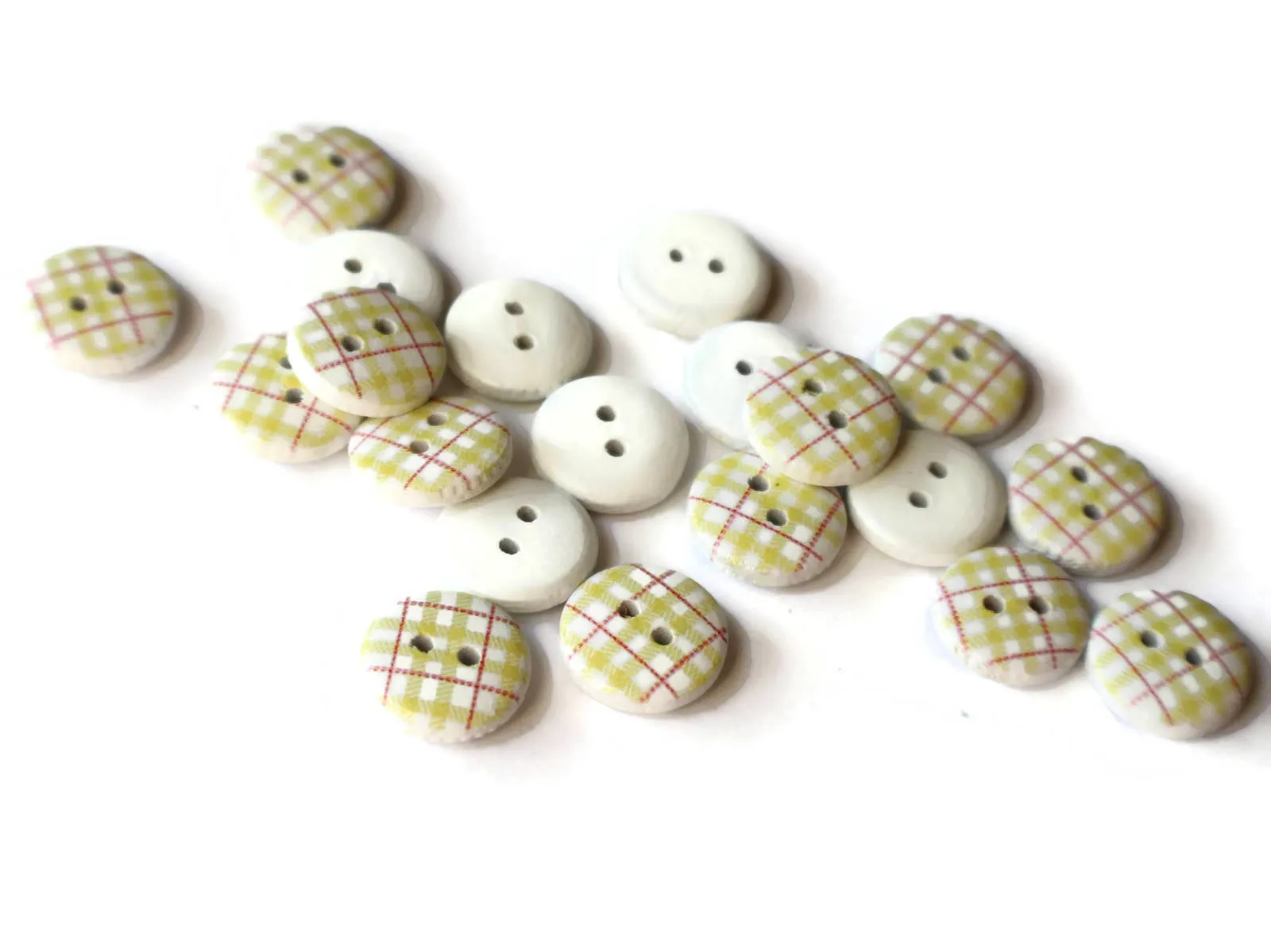 20 13mm Yellow Tartan Plaid Two Hole Round Buttons White Wooden Buttons