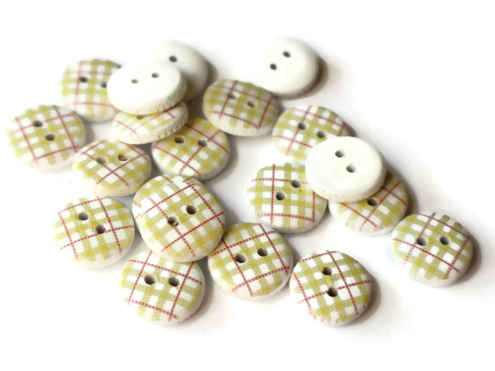 20 13mm Yellow Tartan Plaid Two Hole Round Buttons White Wooden Buttons