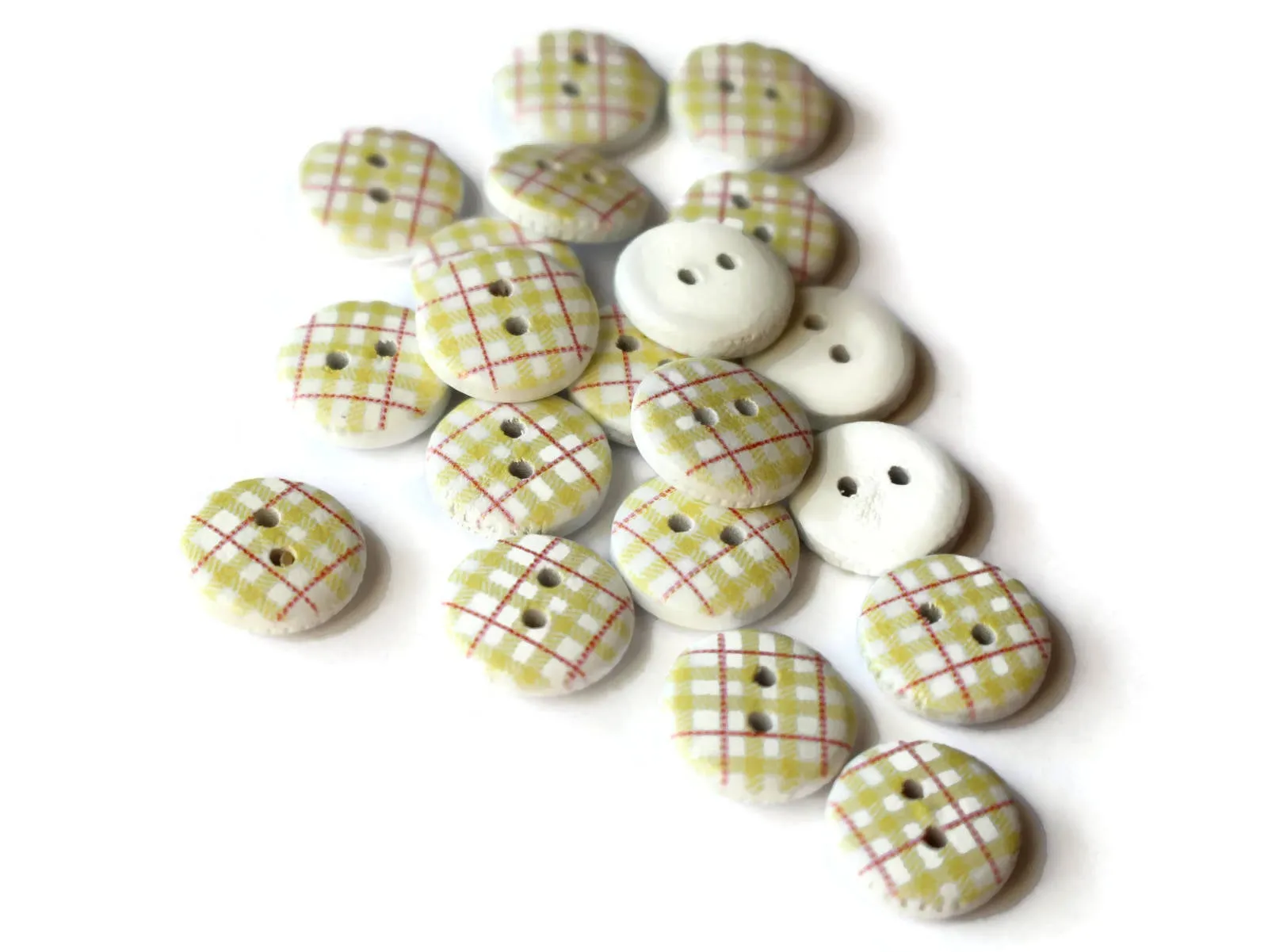 20 13mm Yellow Tartan Plaid Two Hole Round Buttons White Wooden Buttons