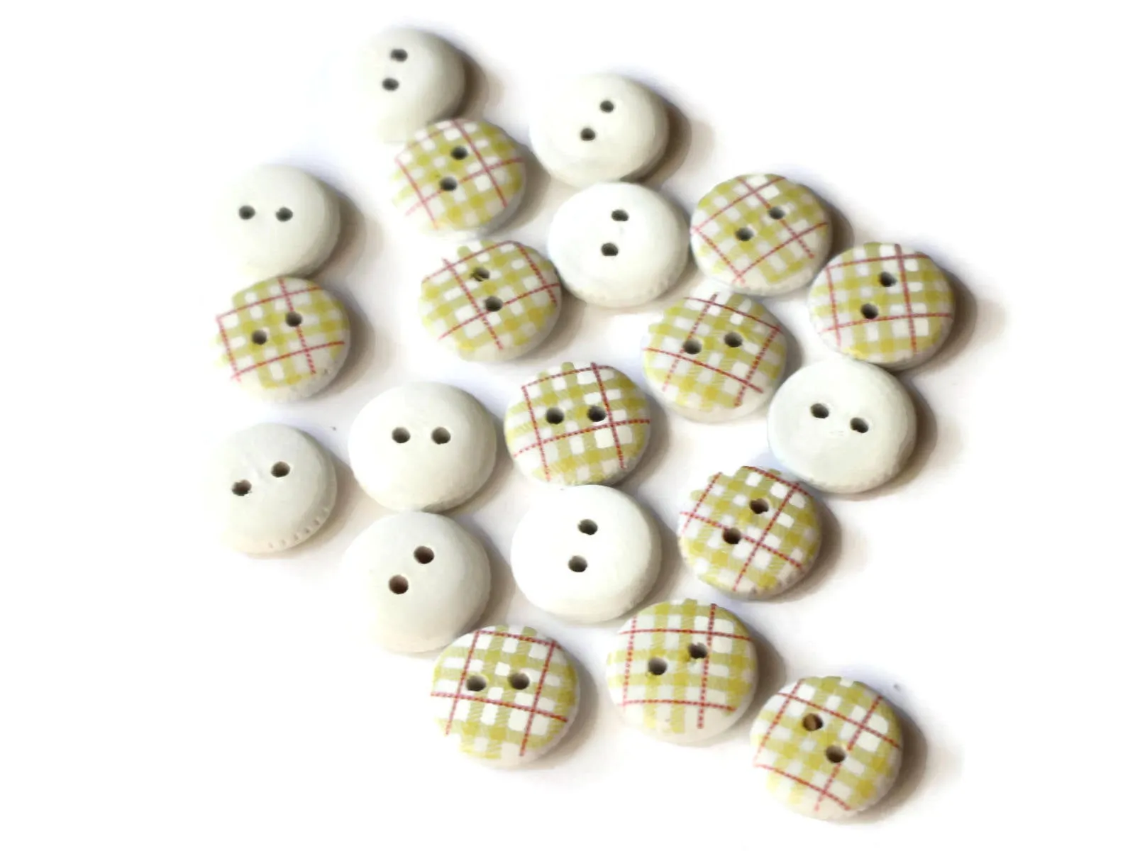 20 13mm Yellow Tartan Plaid Two Hole Round Buttons White Wooden Buttons