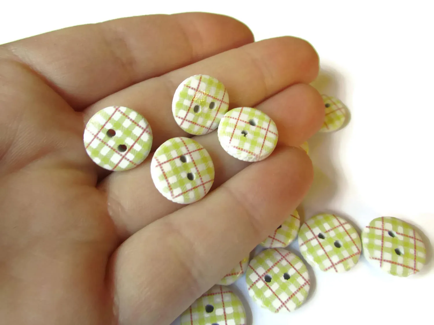 20 13mm Yellow Tartan Plaid Two Hole Round Buttons White Wooden Buttons