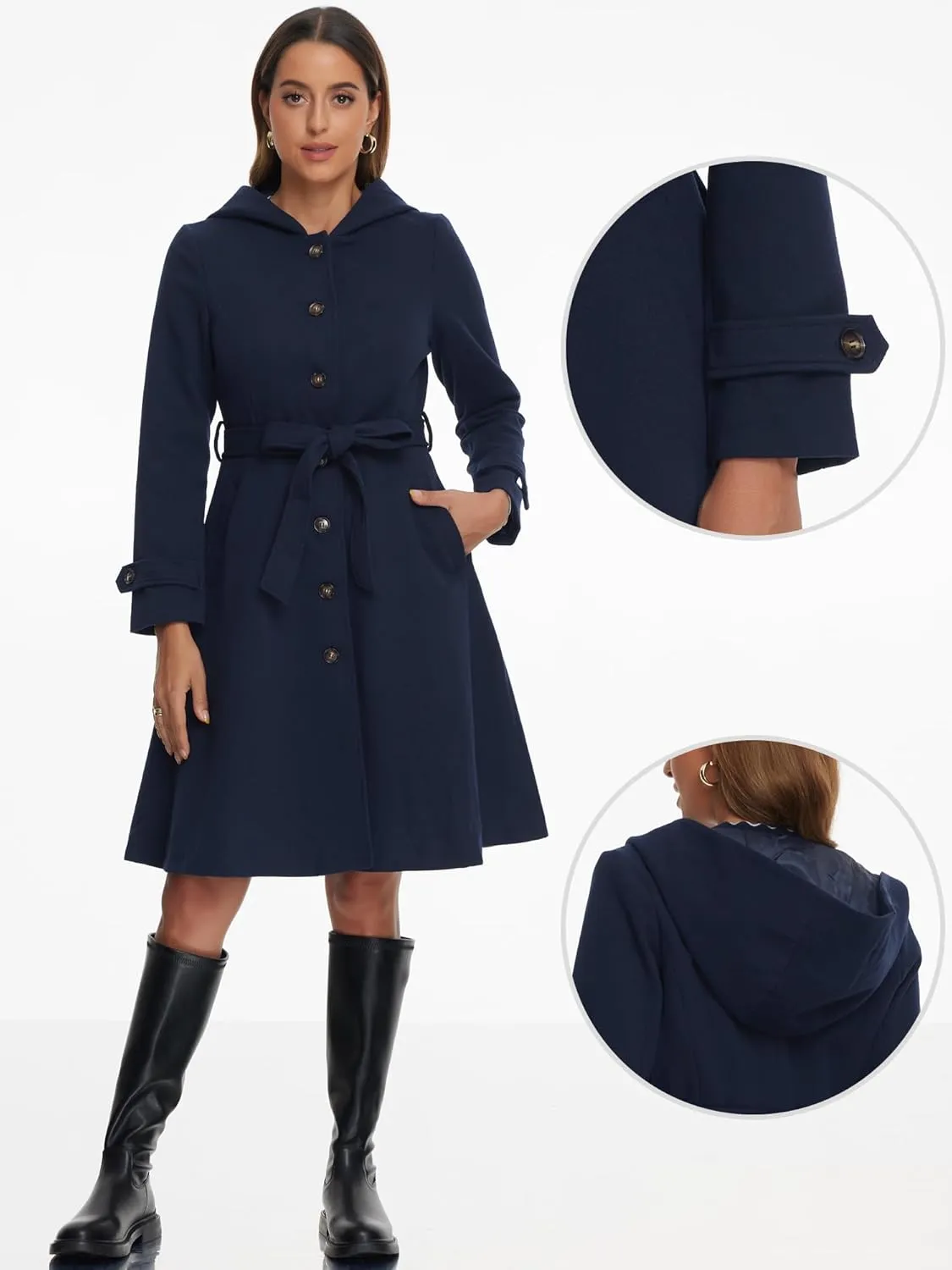 Allegra K Winter Coat for Women's Single Breasted Hooded Trench Coat Long Sleeve Overcoat with Pockets