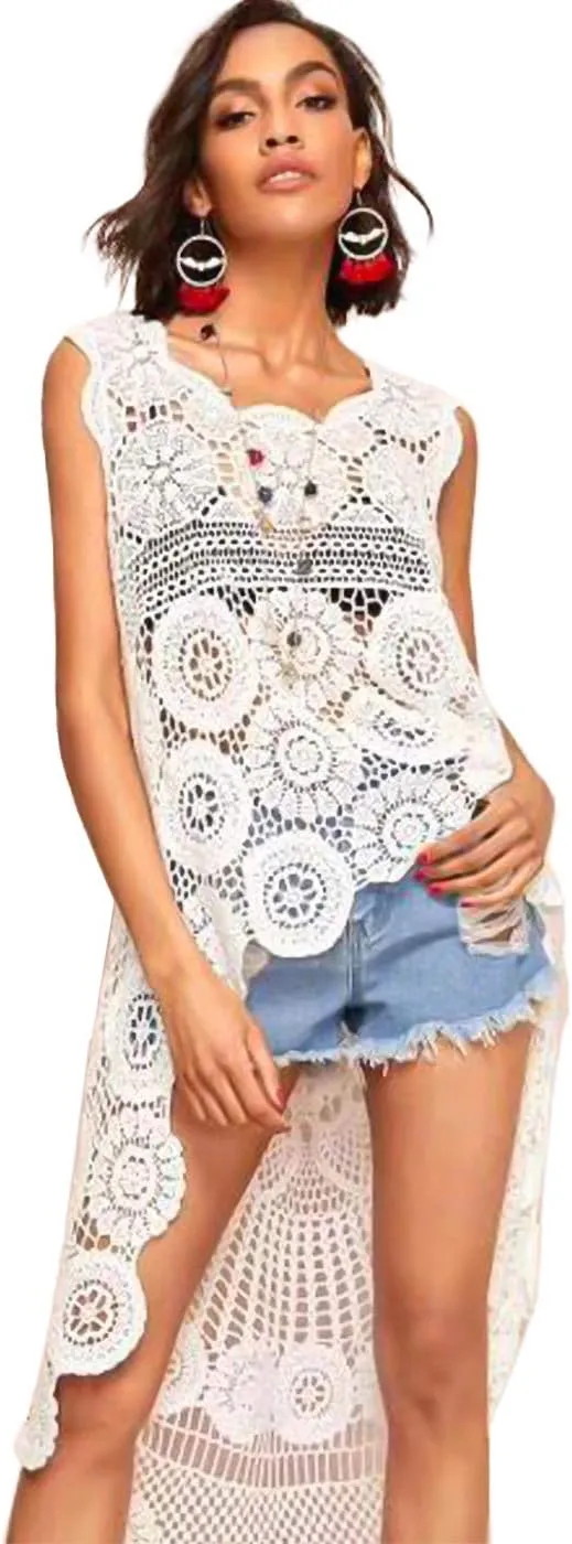 Anna-Kaci Women's Crochet Long Vest Boho Sleeveless Kimono Dress Swimwear Cover up