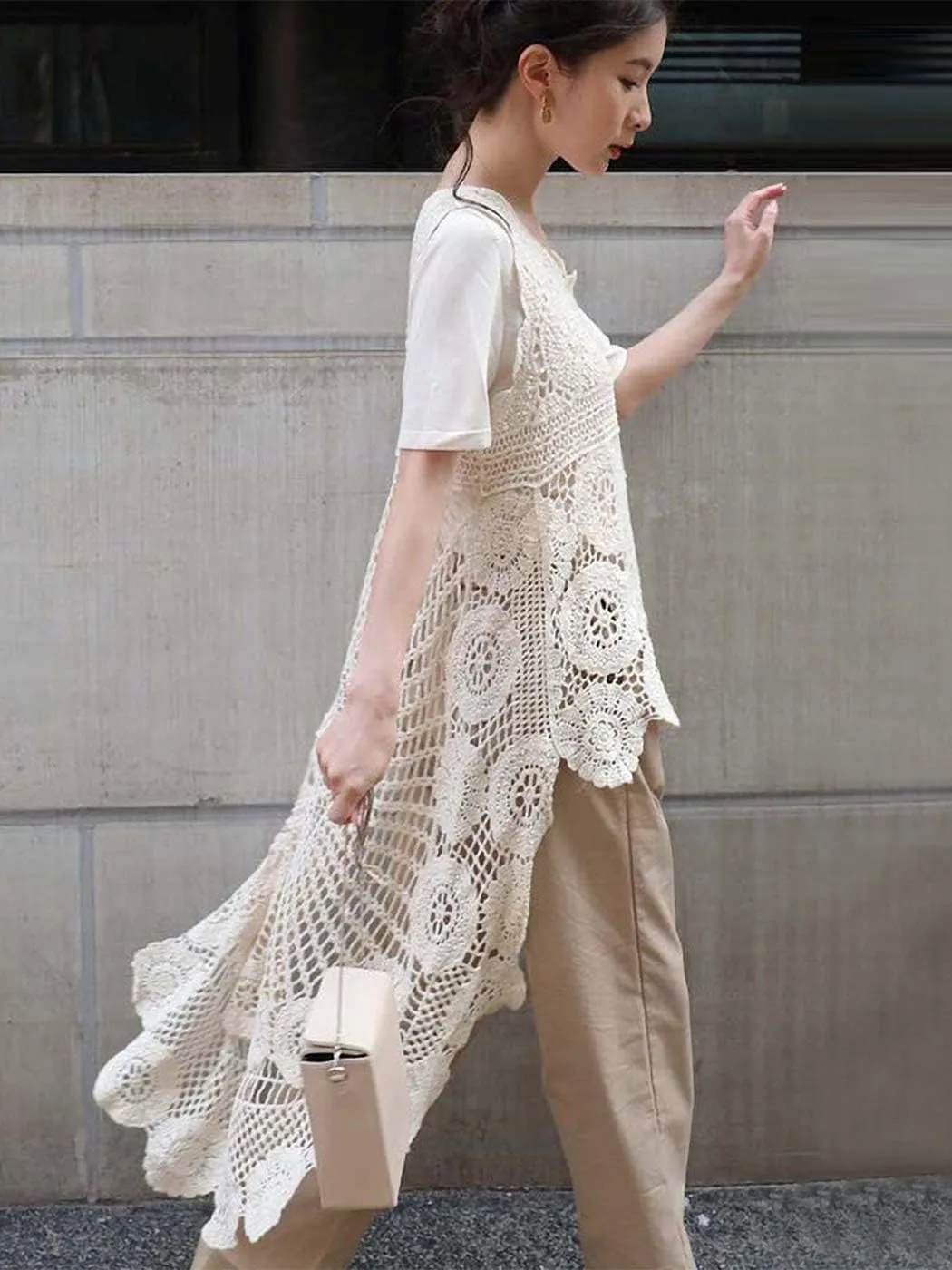 Anna-Kaci Women's Crochet Long Vest Boho Sleeveless Kimono Dress Swimwear Cover up