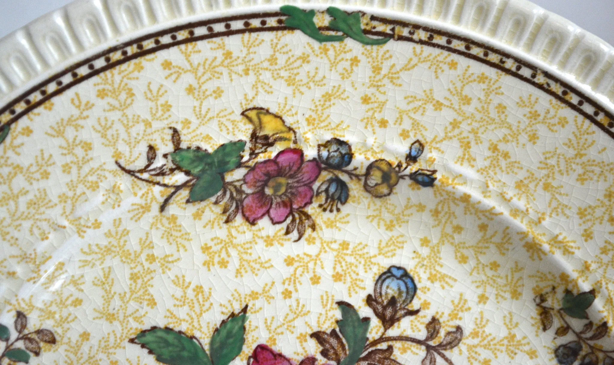 Antique Staffordshire Yellow Chintz & Brown Two Color Transferware Plate Roses Flowers