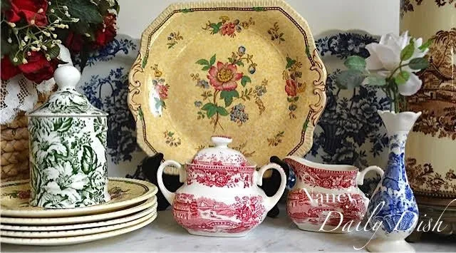 Antique Staffordshire Yellow Chintz & Brown Two Color Transferware Plate Roses Flowers