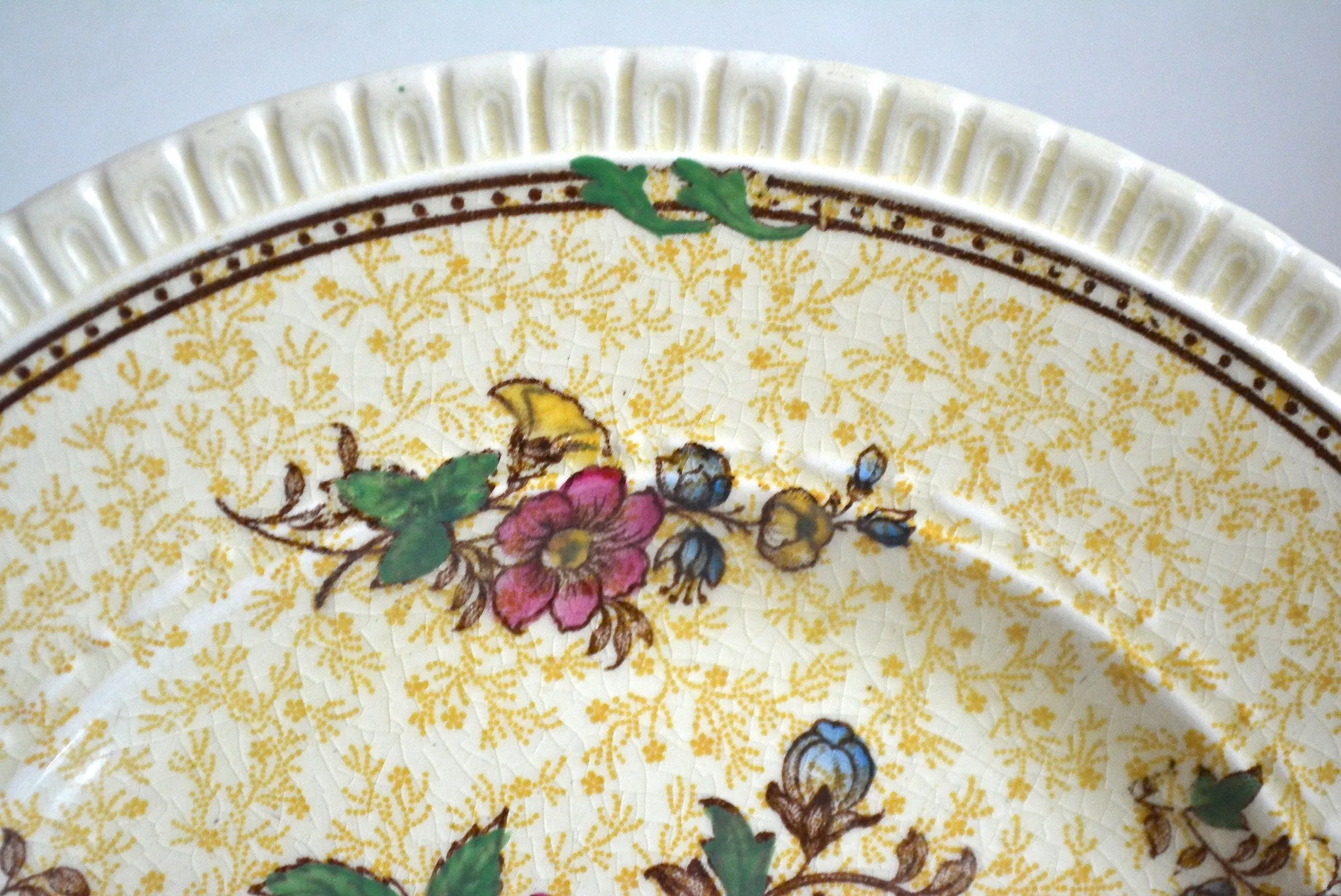 Antique Staffordshire Yellow Chintz & Brown Two Color Transferware Plate Roses Flowers