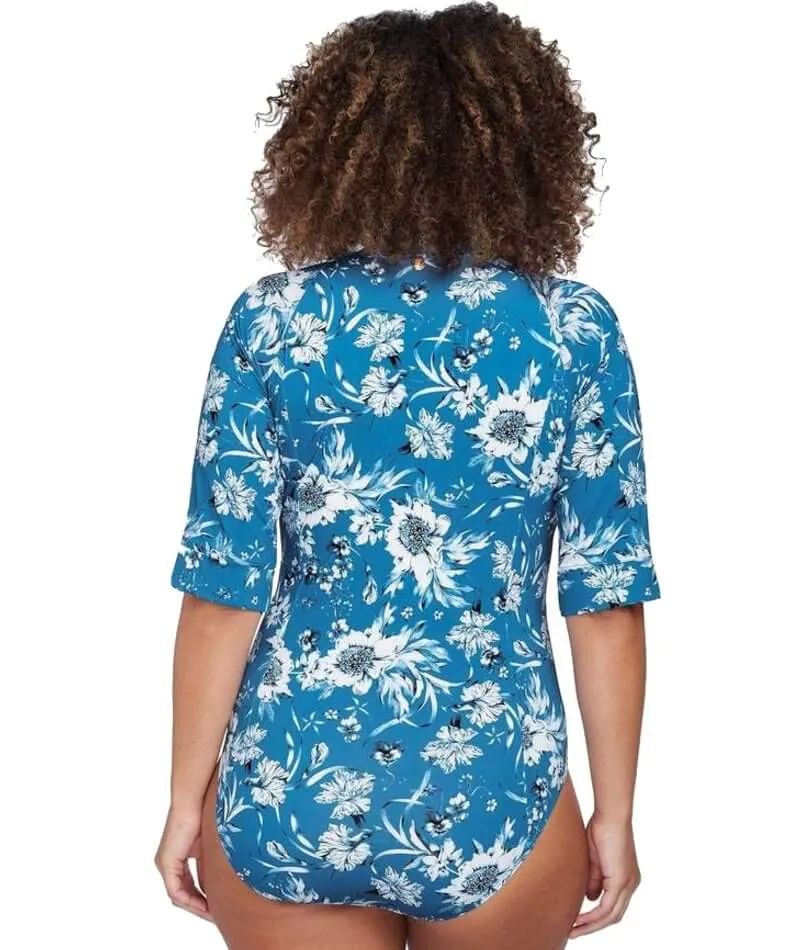 Artesands Fleur Du Champ Short Sleeve Sunsafe One Piece Swimsuit - Cerulean